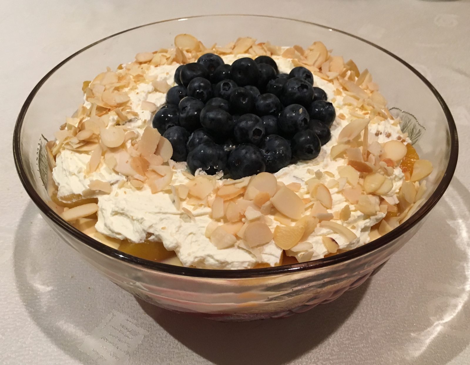 Fruit Trifle (Peach and Raspberry topped with Blueberries)